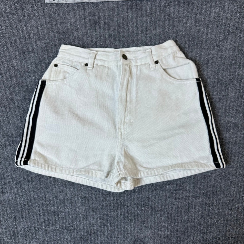 Newport News Shorts Womens Size 4 White Denim High Waisted Black Side Stripe 90s